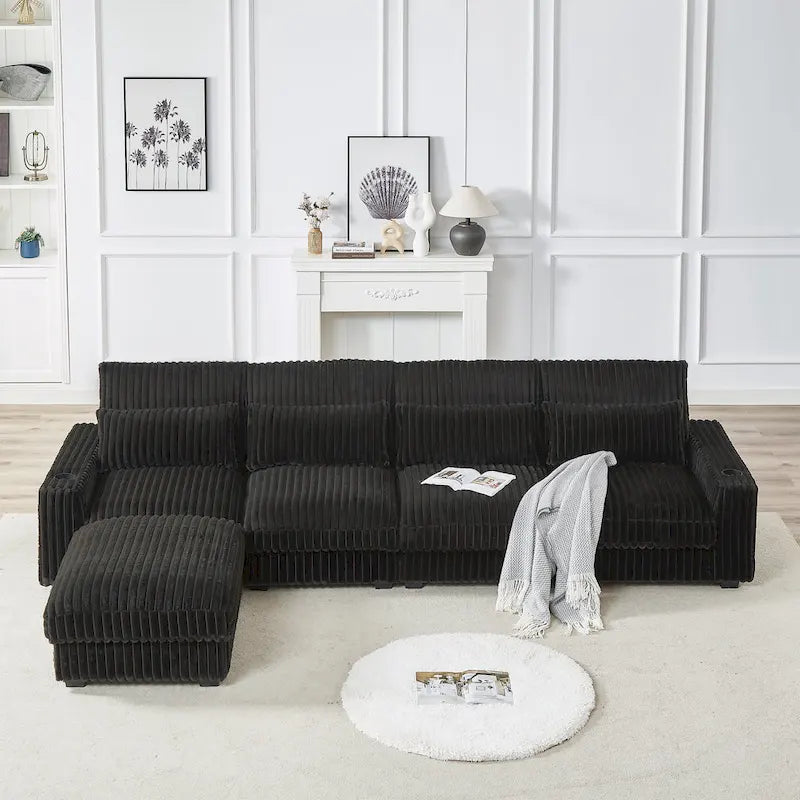 126W Corduroy Large L-Shaped Sofa With USB Port