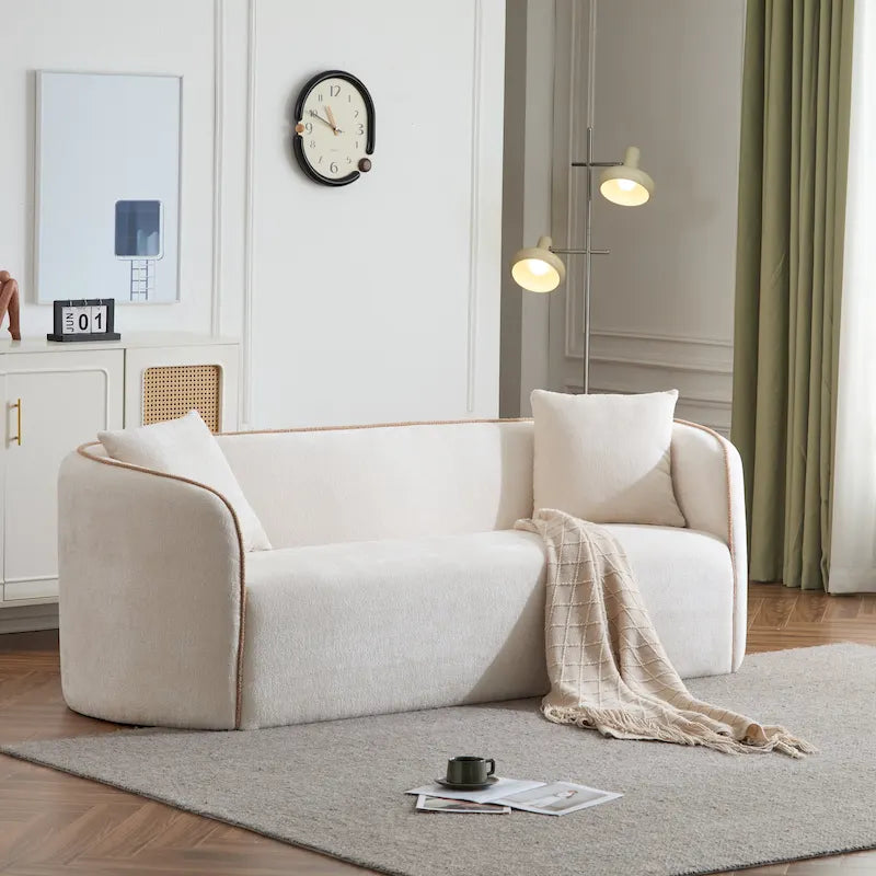 Canapé 3 places incurvé 82" en bouclette, beige/blanc