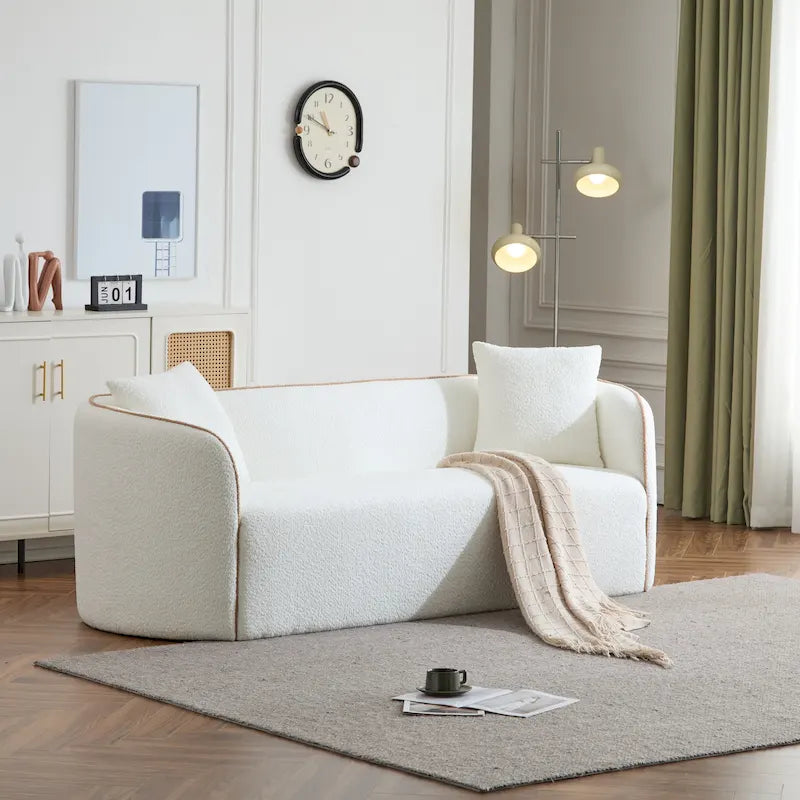 Canapé 3 places incurvé 82" en bouclette, beige/blanc