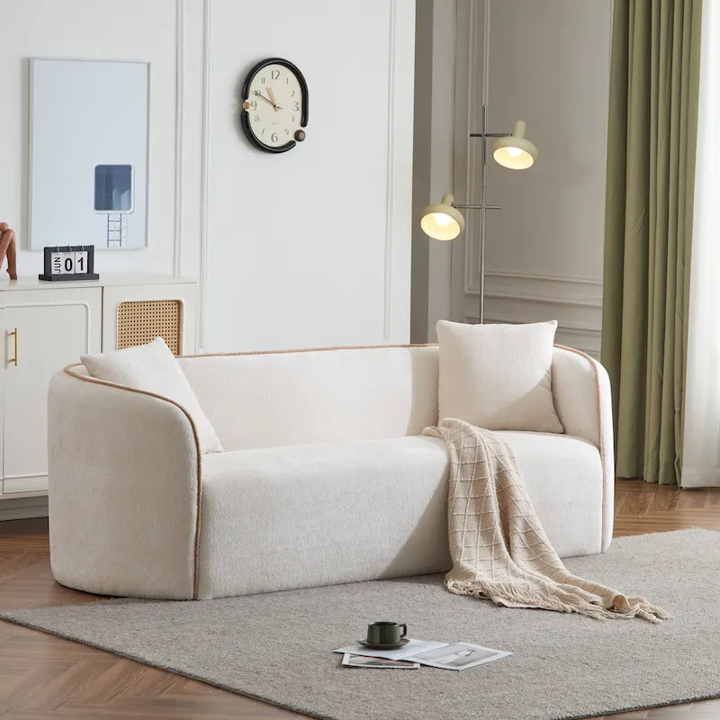 Canapé 3 places incurvé 82" en bouclette, beige/blanc