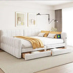 Lit de repos rembourré avec 2 tiroirs de rangement, cadre de canapé-lit queen size avec ports USB et support à lattes en bois