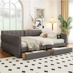 Lit de repos rembourré avec 2 tiroirs de rangement, cadre de canapé-lit queen size avec ports USB et support à lattes en bois