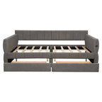 Lit de repos rembourré avec 2 tiroirs de rangement, cadre de canapé-lit queen size avec ports USB et support à lattes en bois