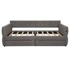 Lit de repos rembourré avec 2 tiroirs de rangement, cadre de canapé-lit queen size avec ports USB et support à lattes en bois