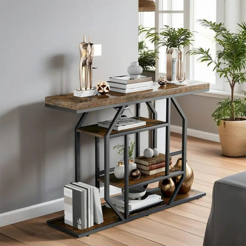 47.24 Rustic Long Console Entry Table Sofa Storage Table Behind Couch with 4 Tier Shelves