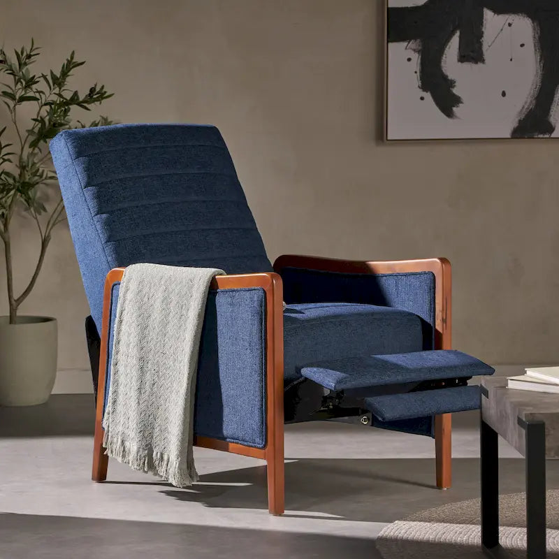 Fauteuil inclinable à pousser de style Mid-Century avec coutures en canaux – Bleu marine/Sable/Gris, cadre en noyer, 1 place