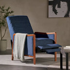 Fauteuil inclinable à pousser de style Mid-Century avec coutures en canaux – Bleu marine/Sable/Gris, cadre en noyer, 1 place