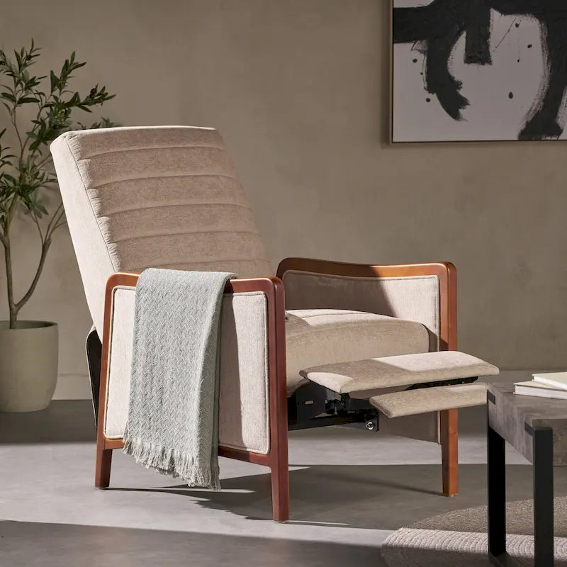 Fauteuil inclinable à pousser de style Mid-Century avec coutures en canaux – Bleu marine/Sable/Gris, cadre en noyer, 1 place