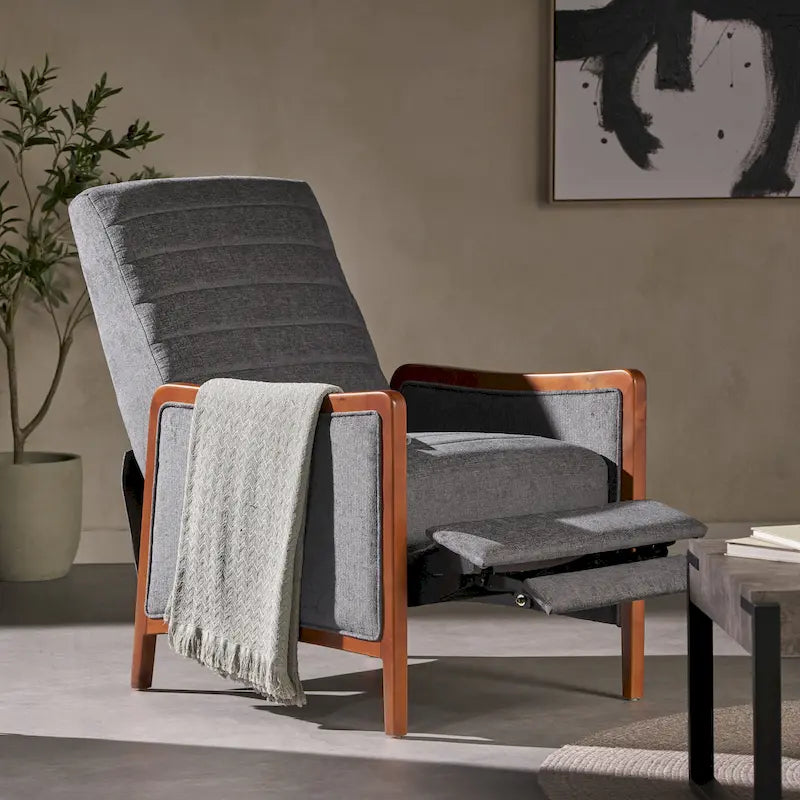 Fauteuil inclinable à pousser de style Mid-Century avec coutures en canaux – Bleu marine/Sable/Gris, cadre en noyer, 1 place