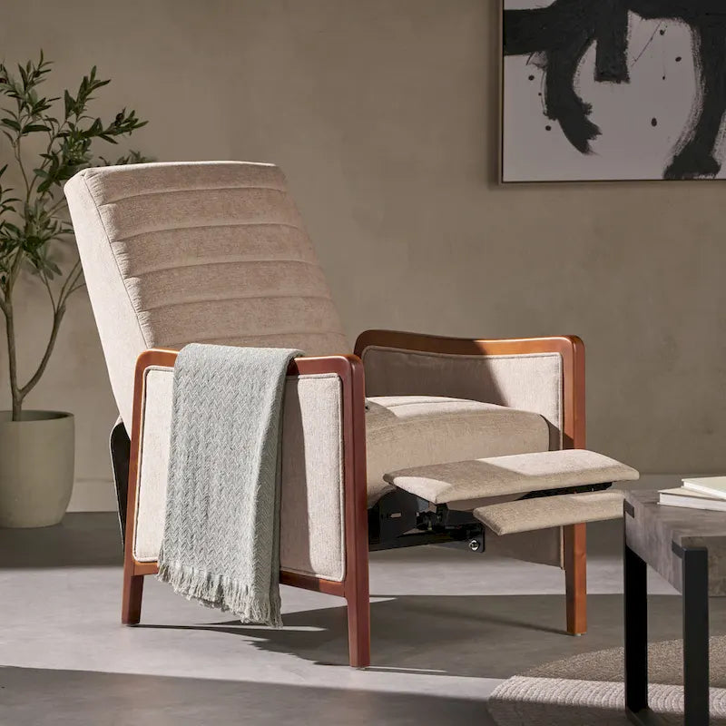 Fauteuil inclinable à pousser de style Mid-Century avec coutures en canaux – Bleu marine/Sable/Gris, cadre en noyer, 1 place