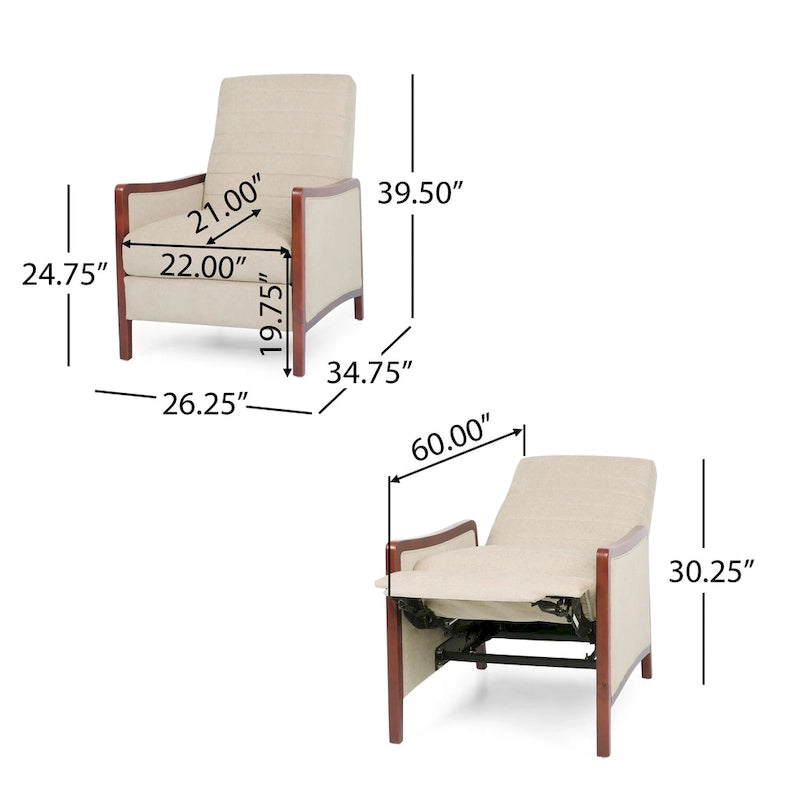 Fauteuil inclinable à pousser de style Mid-Century avec coutures en canaux – Bleu marine/Sable/Gris, cadre en noyer, 1 place