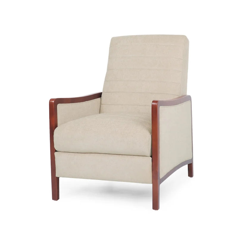 Fauteuil inclinable à pousser de style Mid-Century avec coutures en canaux – Bleu marine/Sable/Gris, cadre en noyer, 1 place