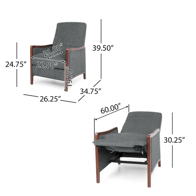 Fauteuil inclinable à pousser de style Mid-Century avec coutures en canaux – Bleu marine/Sable/Gris, cadre en noyer, 1 place