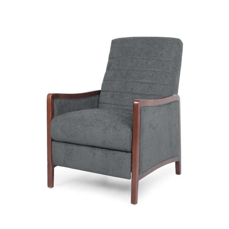 Fauteuil inclinable à pousser de style Mid-Century avec coutures en canaux – Bleu marine/Sable/Gris, cadre en noyer, 1 place