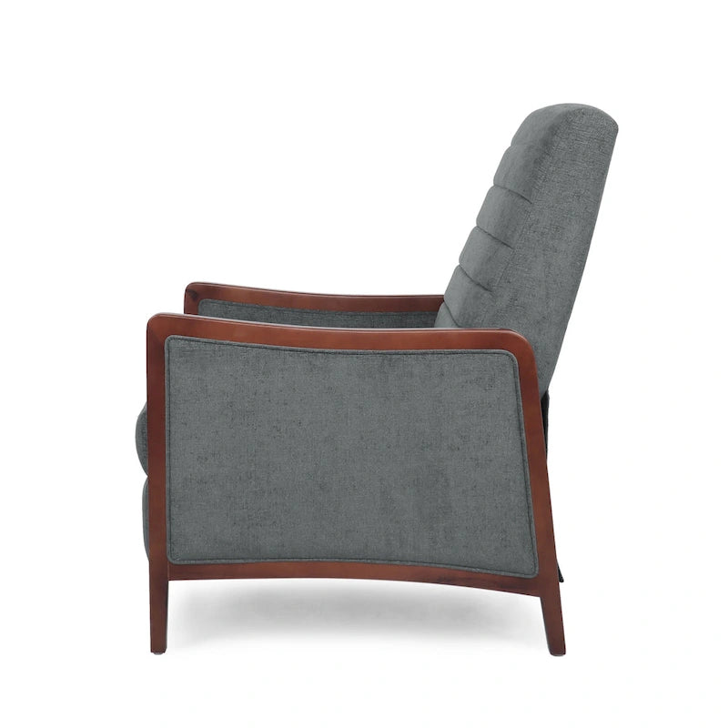 Fauteuil inclinable à pousser de style Mid-Century avec coutures en canaux – Bleu marine/Sable/Gris, cadre en noyer, 1 place