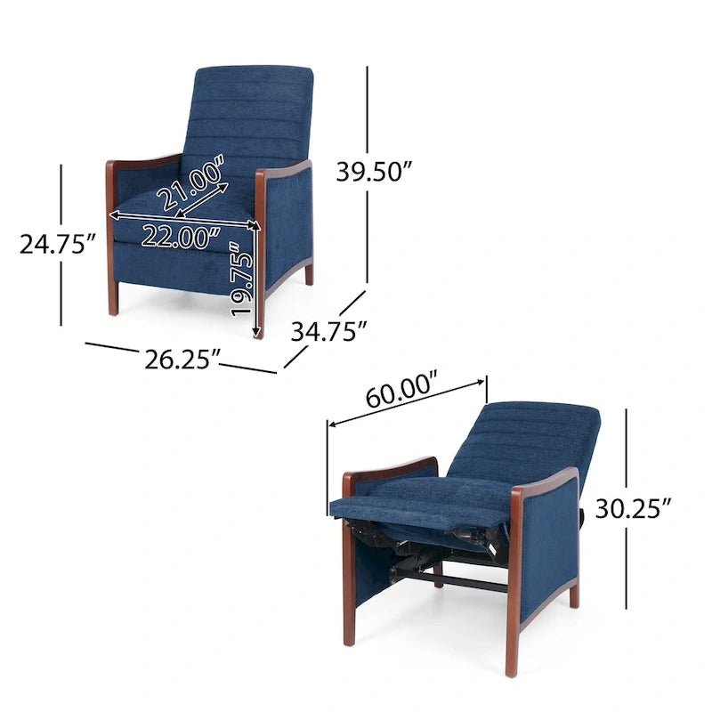 Fauteuil inclinable à pousser de style Mid-Century avec coutures en canaux – Bleu marine/Sable/Gris, cadre en noyer, 1 place