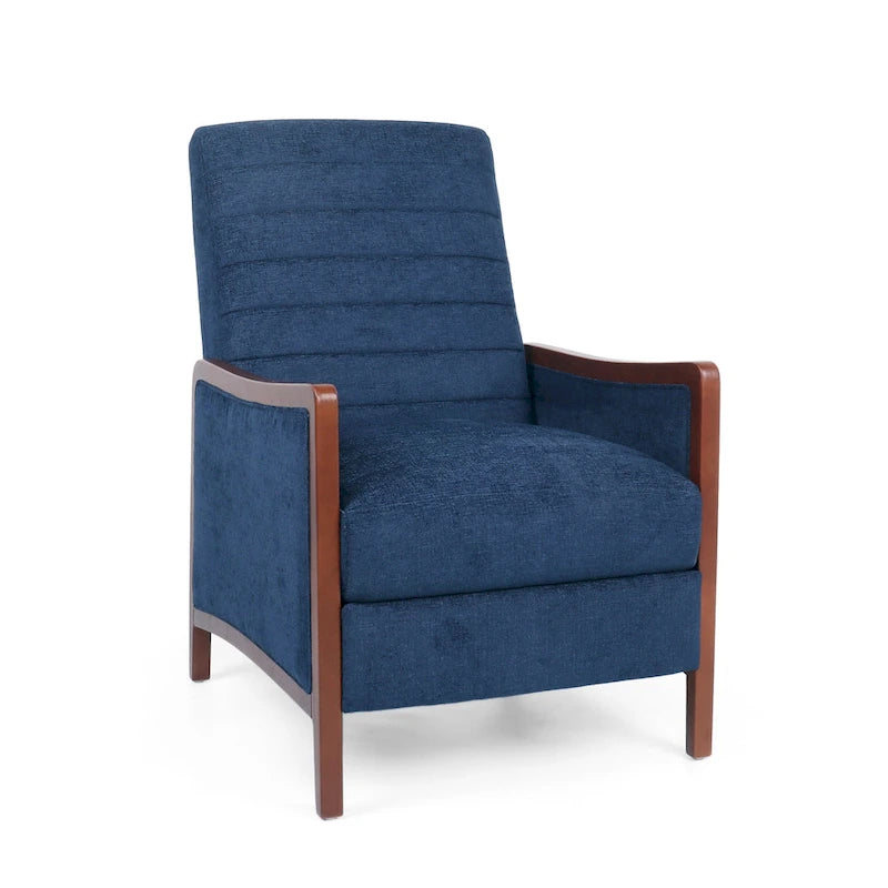 Fauteuil inclinable à pousser de style Mid-Century avec coutures en canaux – Bleu marine/Sable/Gris, cadre en noyer, 1 place