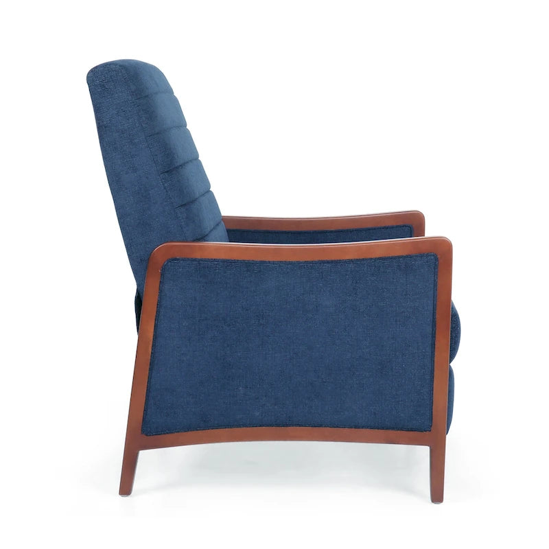 Fauteuil inclinable à pousser de style Mid-Century avec coutures en canaux – Bleu marine/Sable/Gris, cadre en noyer, 1 place