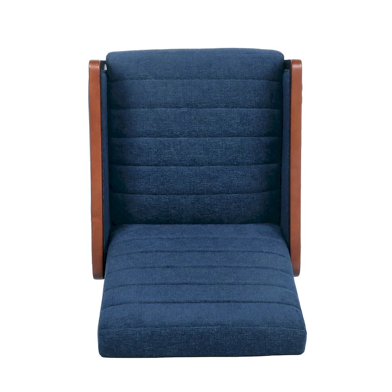 Fauteuil inclinable à pousser de style Mid-Century avec coutures en canaux – Bleu marine/Sable/Gris, cadre en noyer, 1 place