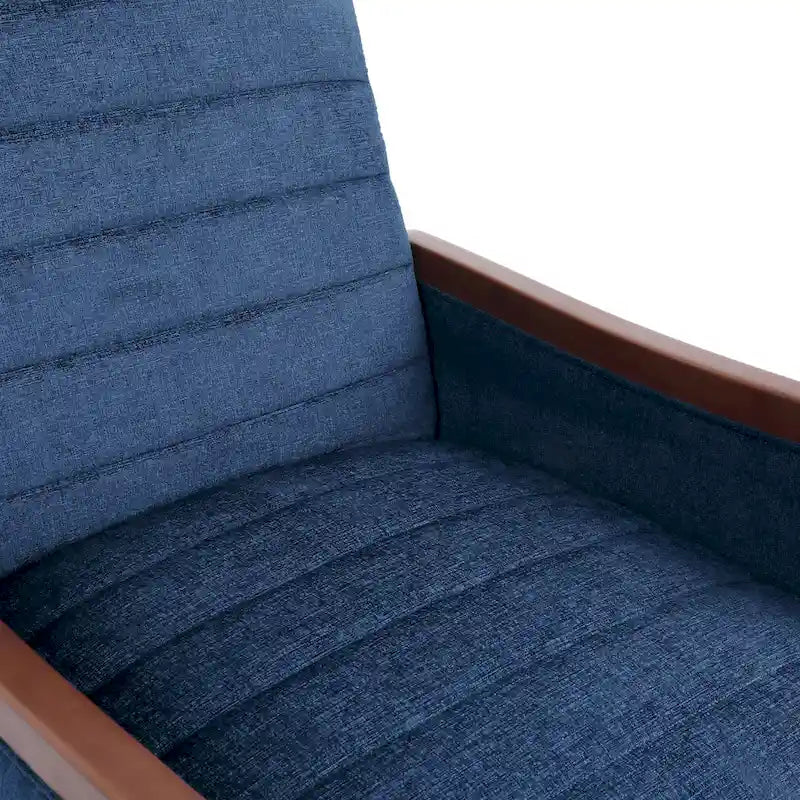 Fauteuil inclinable à pousser de style Mid-Century avec coutures en canaux – Bleu marine/Sable/Gris, cadre en noyer, 1 place