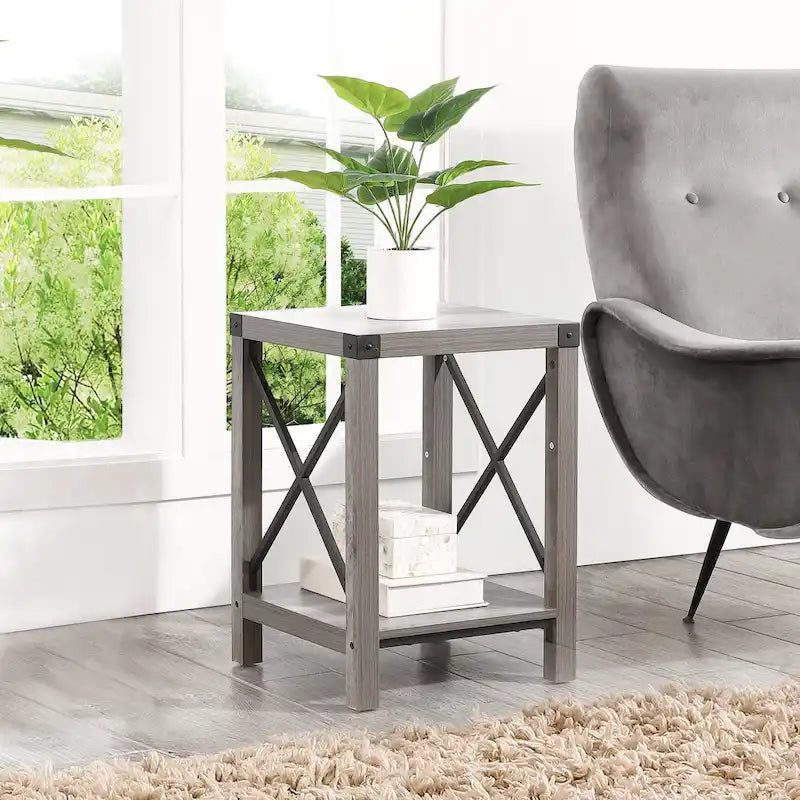 Table d'appoint rustique Ledel de style ferme avec étagère de rangement