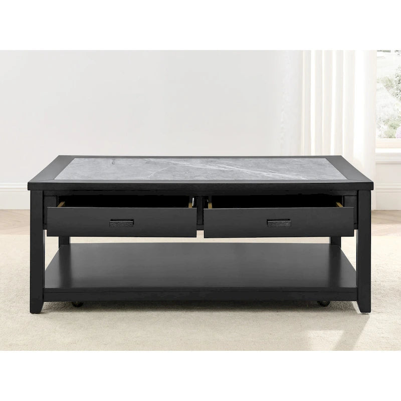 Table basse à plateau en marbre ébène avec roulettes