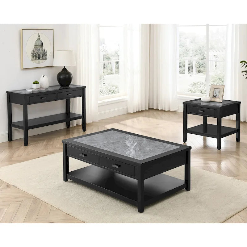 Table basse à plateau en marbre ébène avec roulettes