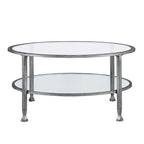 Table basse ronde Glenn de SEI Furniture, argent vieilli, avec plateau en verre et étagère
