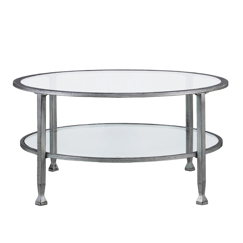 Table basse ronde Glenn de SEI Furniture, argent vieilli, avec plateau en verre et étagère