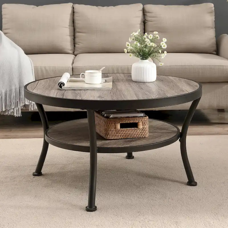 Table basse ronde industrielle en métal Myhozm avec étagère pour le salon, le bureau à domicile et la chambre à coucher