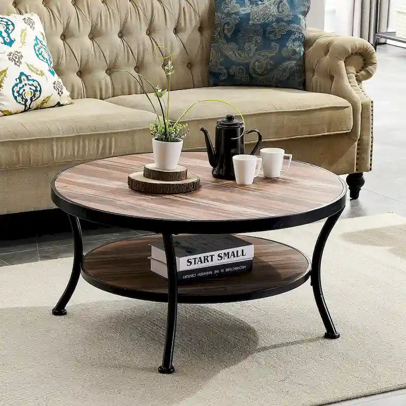 Table basse ronde industrielle en métal Myhozm avec étagère pour le salon, le bureau à domicile et la chambre à coucher