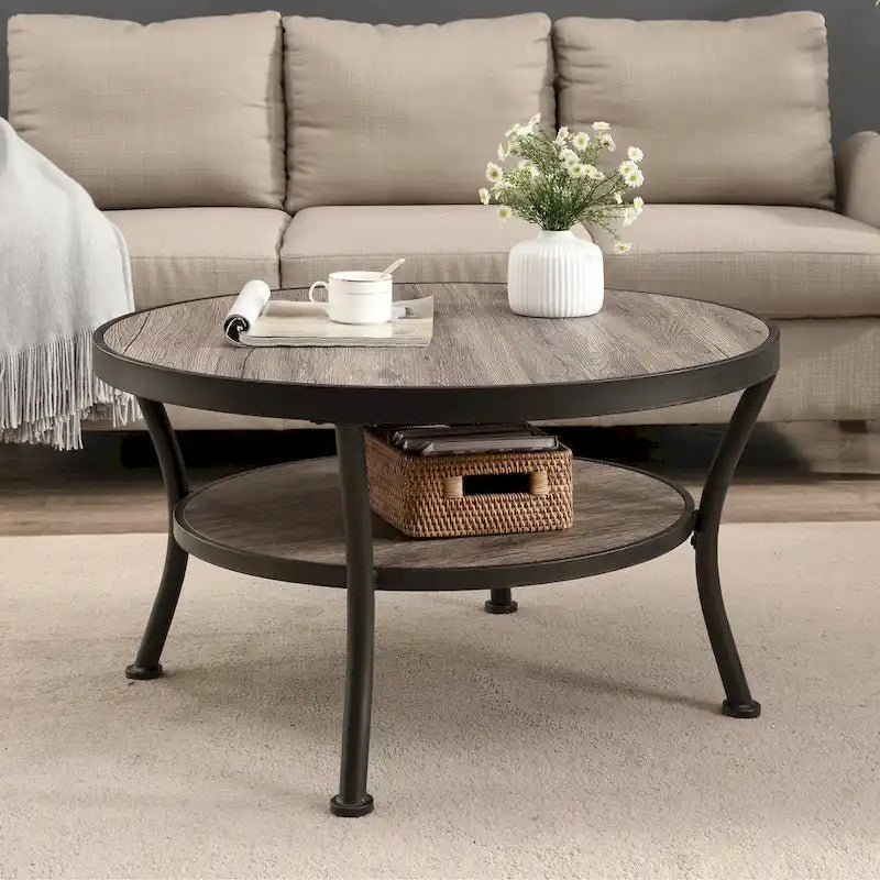 Table basse ronde industrielle en métal Myhozm avec étagère pour le salon, le bureau à domicile et la chambre à coucher