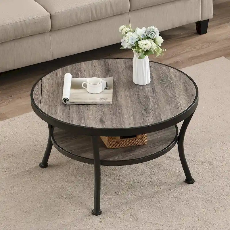 Table basse ronde industrielle en métal Myhozm avec étagère pour le salon, le bureau à domicile et la chambre à coucher