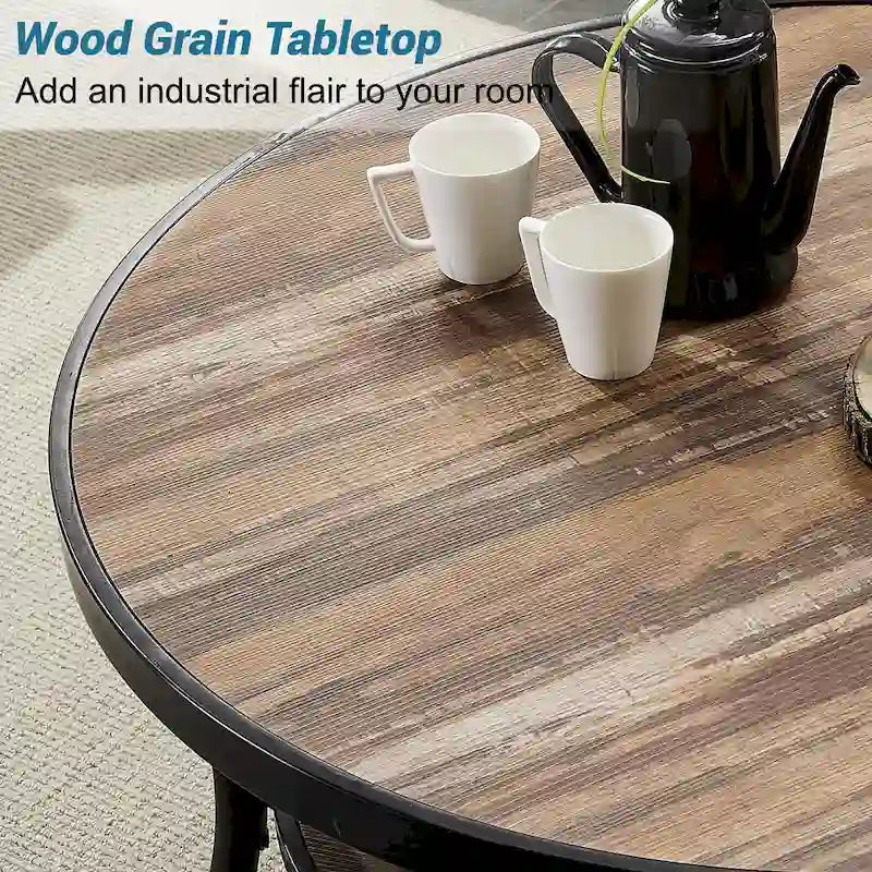 Table basse ronde industrielle en métal Myhozm avec étagère pour le salon, le bureau à domicile et la chambre à coucher