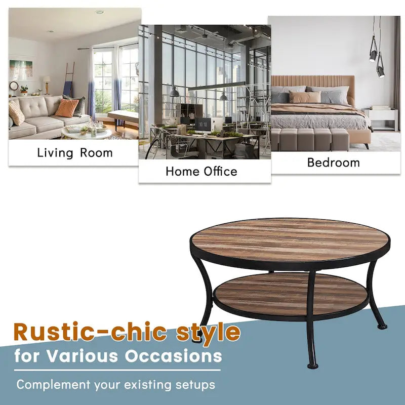 Table basse ronde industrielle en métal Myhozm avec étagère pour le salon, le bureau à domicile et la chambre à coucher