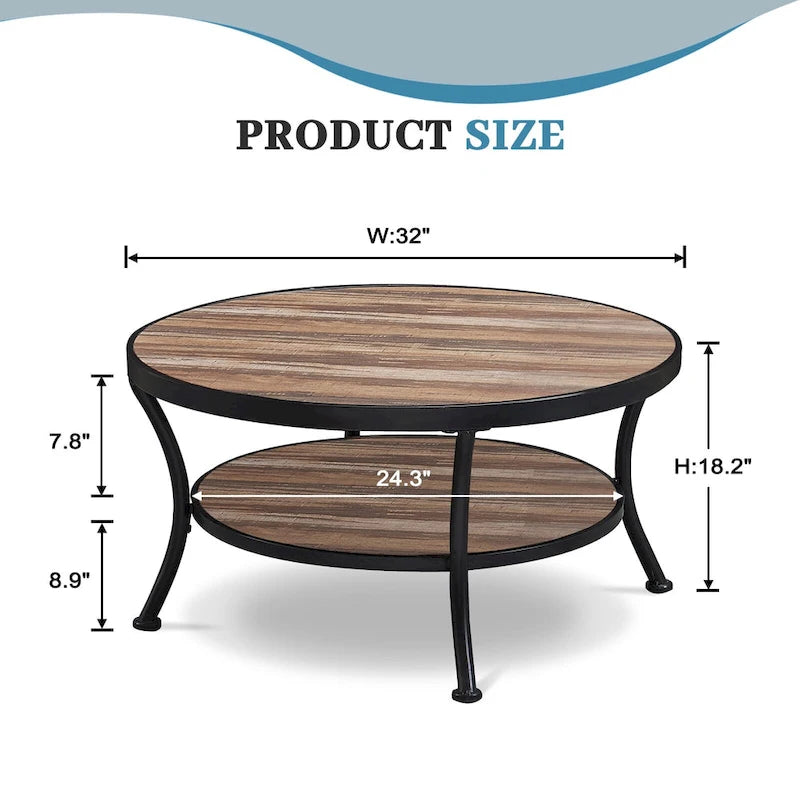 Table basse ronde industrielle en métal Myhozm avec étagère pour le salon, le bureau à domicile et la chambre à coucher