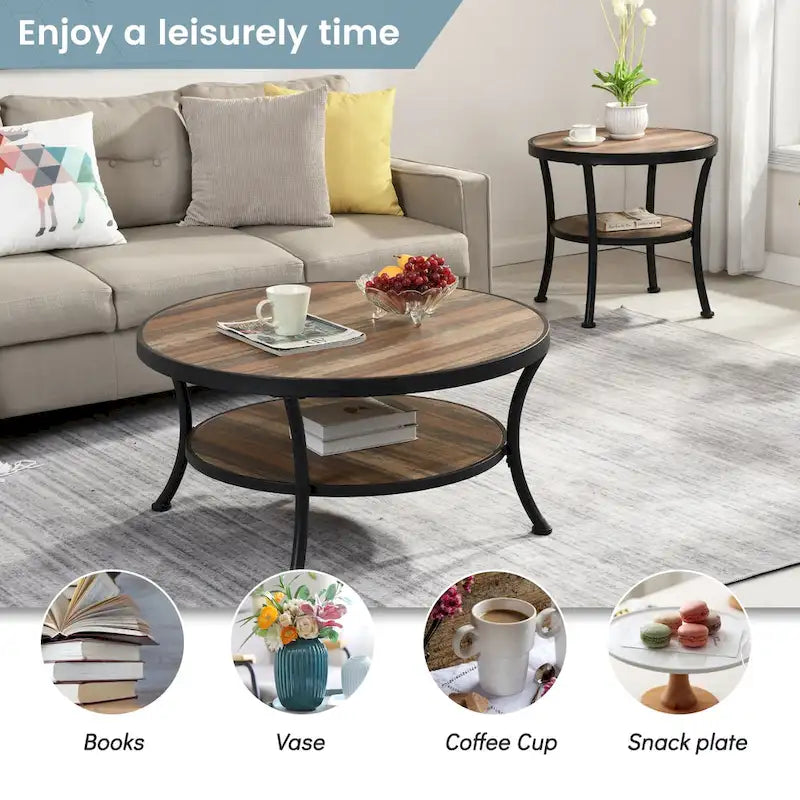 Table basse ronde industrielle en métal Myhozm avec étagère pour le salon, le bureau à domicile et la chambre à coucher