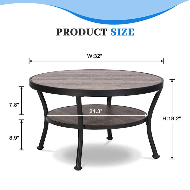 Table basse ronde industrielle en métal Myhozm avec étagère pour le salon, le bureau à domicile et la chambre à coucher