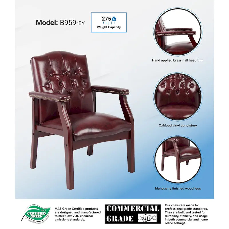 Fauteuil visiteur en vinyle capitonné Boss avec clous décoratifs en laiton antique