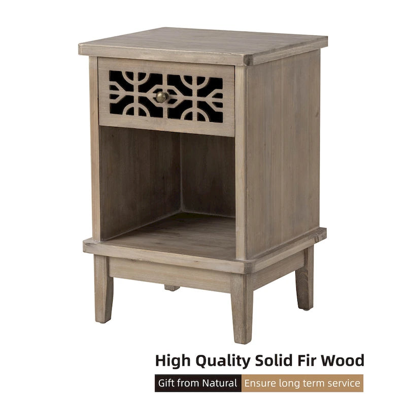 COZAYH Table de chevet rustique rétro en sapin massif, table d'appoint avec façade sculptée à la main et étagère ouverte pour style bohème, ferme