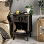 COZAYH Table de chevet rustique rétro en sapin massif, table d'appoint avec façade sculptée à la main et étagère ouverte pour style bohème, ferme