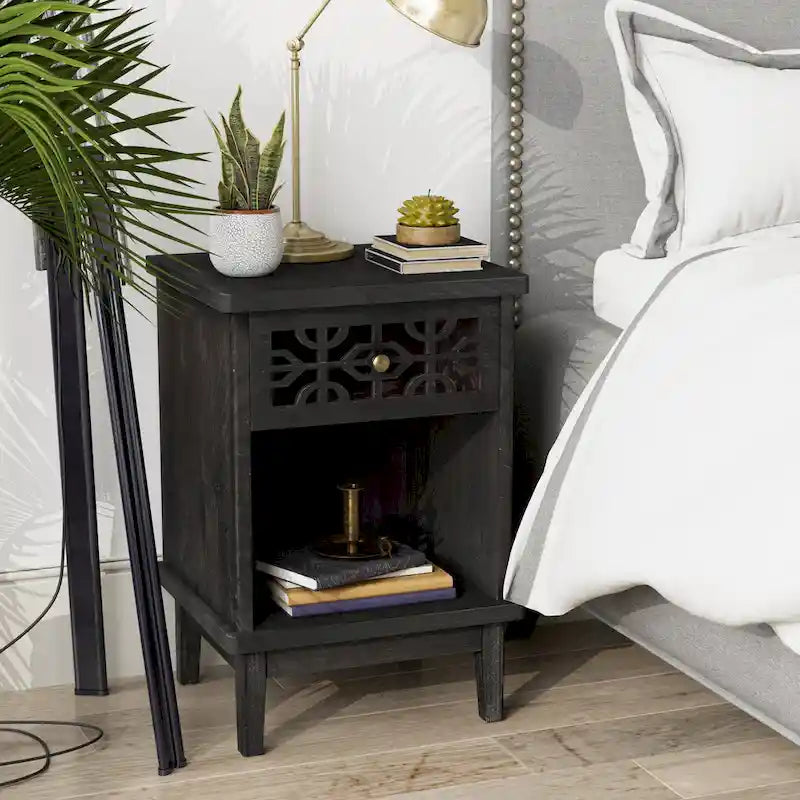 COZAYH Table de chevet rustique rétro en sapin massif, table d'appoint avec façade sculptée à la main et étagère ouverte pour style bohème, ferme