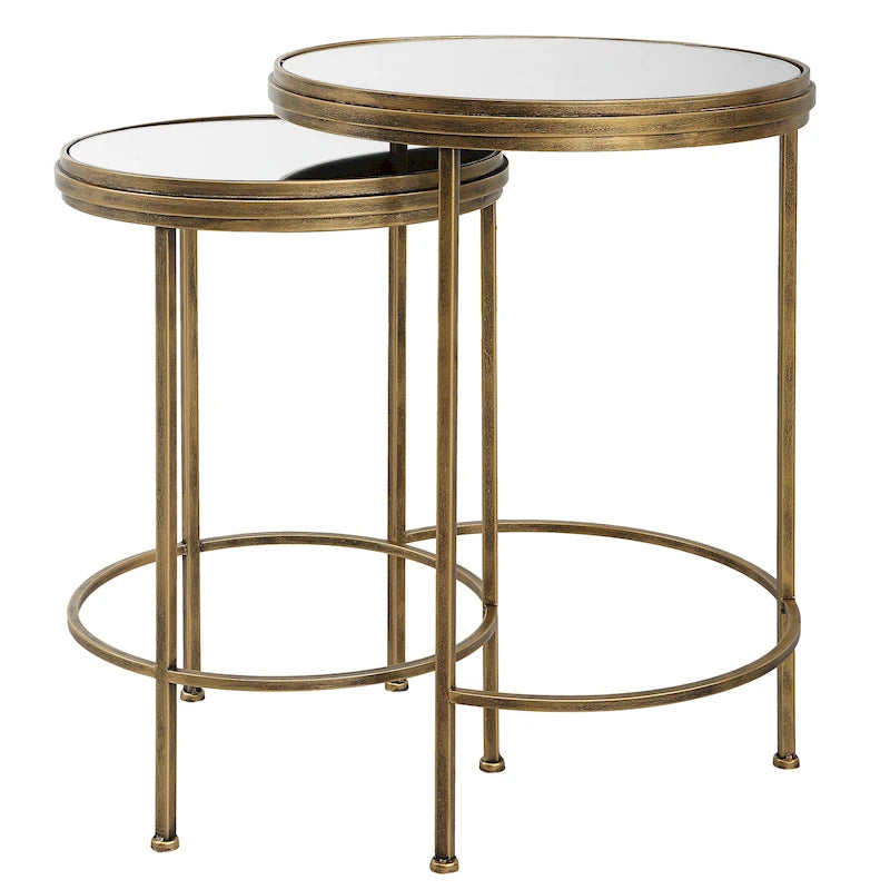Tables gigognes en verre effet miroir, or et blanc, lot de 2