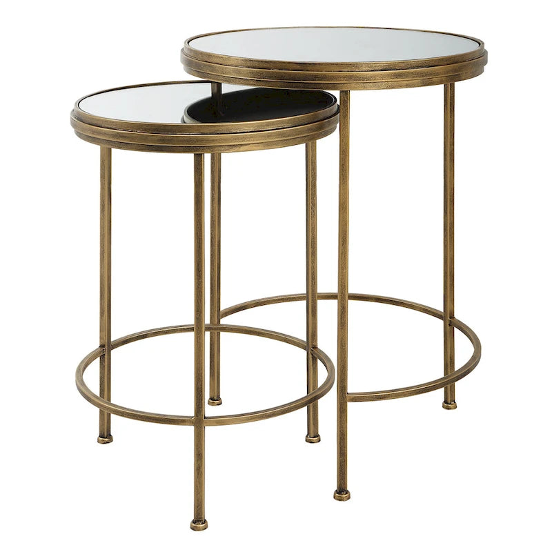 Tables gigognes en verre effet miroir, or et blanc, lot de 2