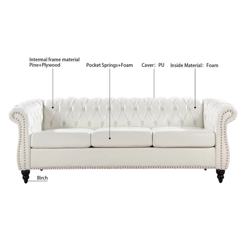 Canapé 3 places Chesterfield traditionnel, similicuir, crème 84,65