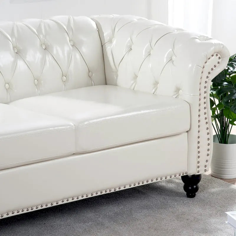 Canapé 3 places Chesterfield traditionnel, similicuir, crème 84,65