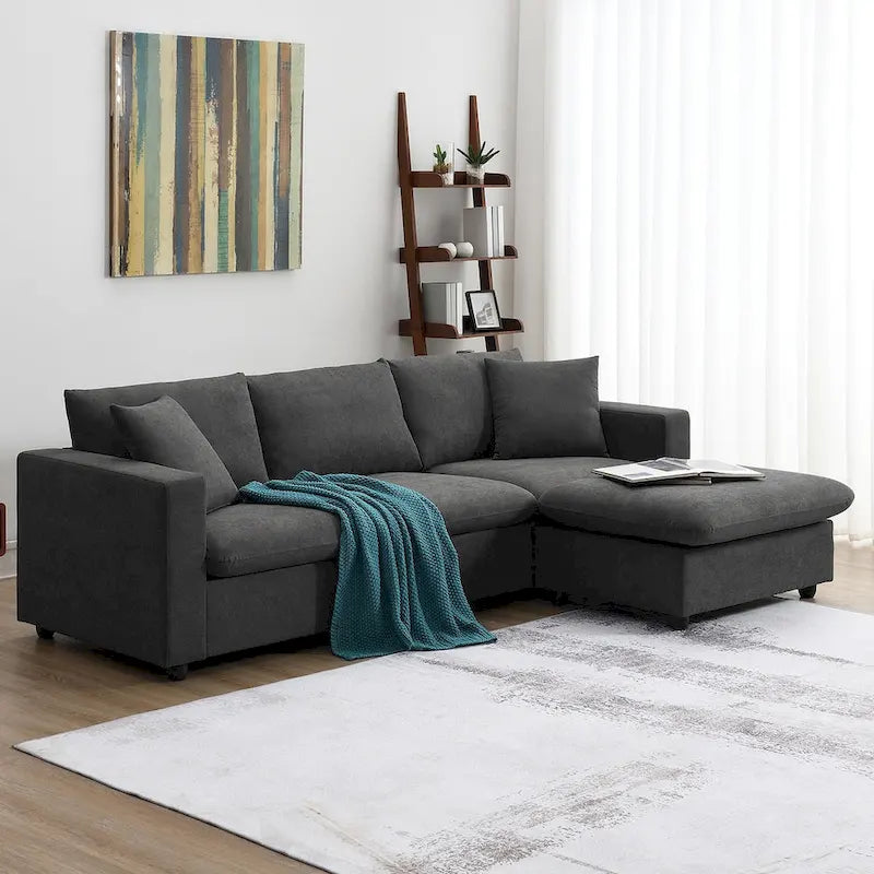 Modern Sectional Sofa,L-shaped Couch Set with 2 Free pillows,4-seat Polyester Fabric Couch Set with Convertible Ottoman