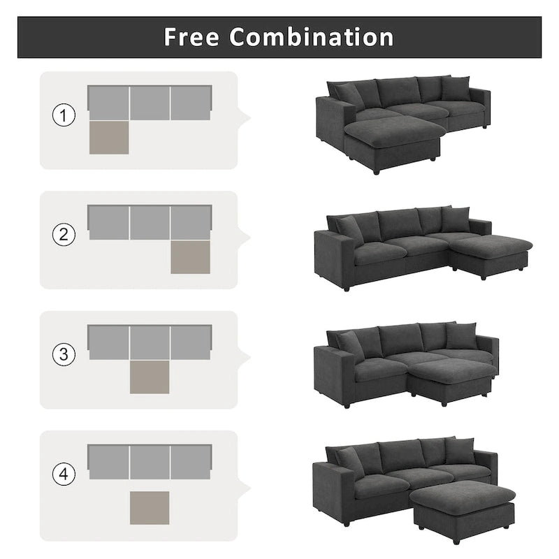 Canapé d'angle moderne, ensemble de canapé en forme de L avec 2 oreillers offerts, ensemble de canapé 4 places en tissu polyester avec ottoman convertible