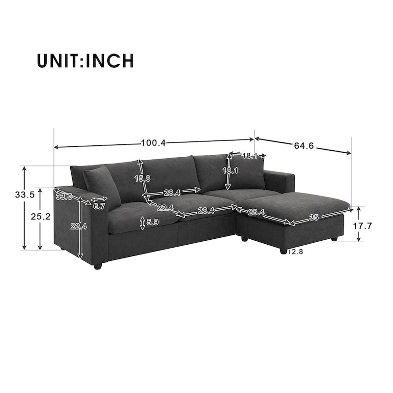 Canapé d'angle moderne, ensemble de canapé en forme de L avec 2 oreillers offerts, ensemble de canapé 4 places en tissu polyester avec ottoman convertible