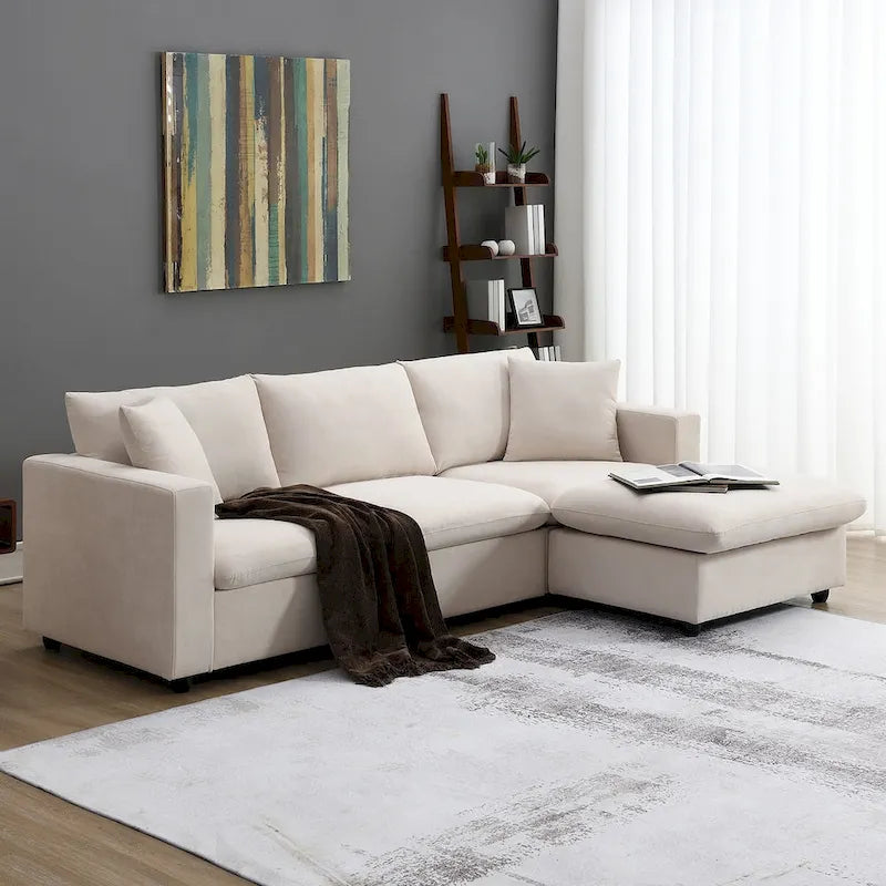 Canapé d'angle moderne, ensemble de canapé en forme de L avec 2 oreillers offerts, ensemble de canapé 4 places en tissu polyester avec ottoman convertible